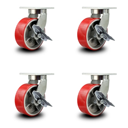Service Caster 8 Inch Heavy Duty Red Poly on Cast Iron Caster Brakes 2 Swivel Locks, 4PK SCC-KP92S830-PUR-RS-SLB-BSL-2-SLB-2